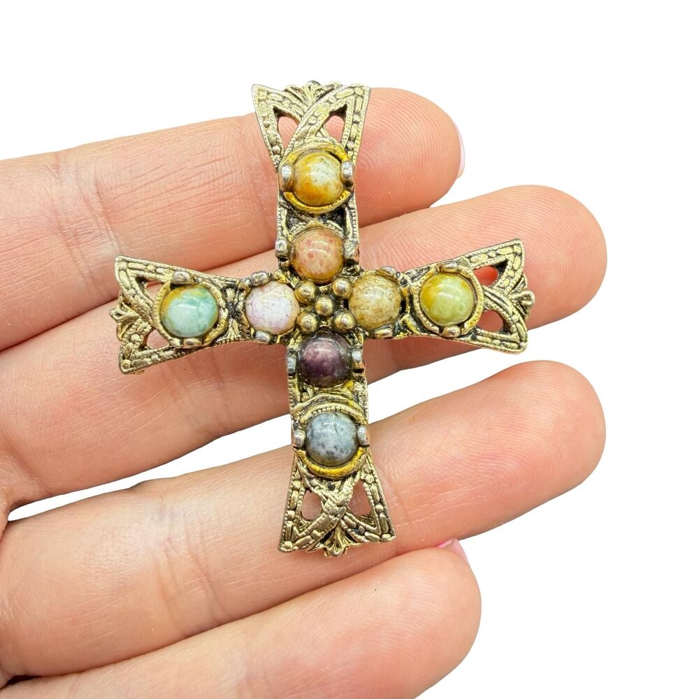 Vintage Scottish Glass Cabochon Stone Cross Gold tone Brooch
